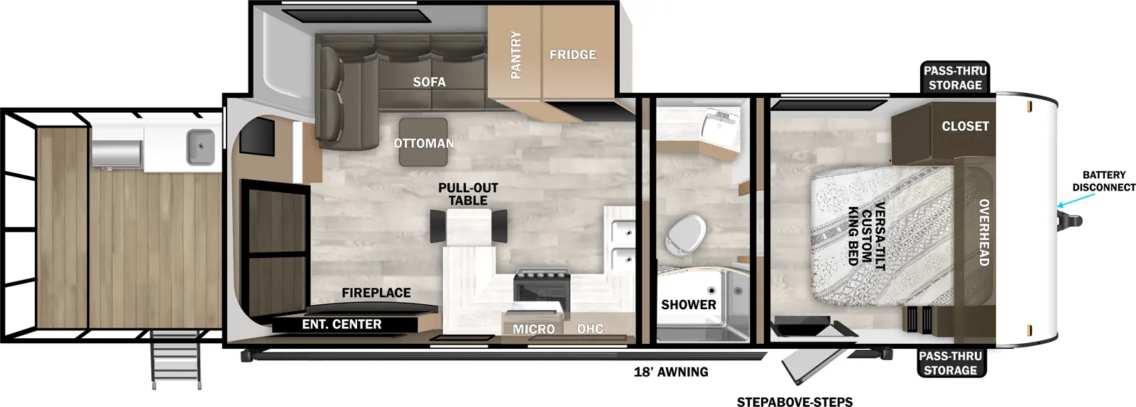 The Cruise Lite Southwest T22VERANDA floorplan has two entries and one slide out. Exterior features include: metal exterior, 18' awning and outside kitchen. Interiors features include: front bedroom, rear living and pass through bathroom.